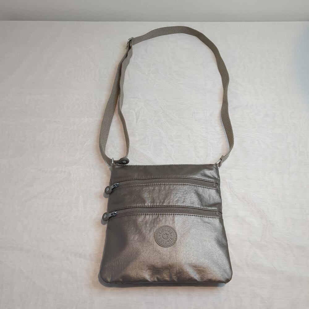 KIPLING Live Light Bag Triple Zip Top Metallic Silver Crossbody Messenger Purse